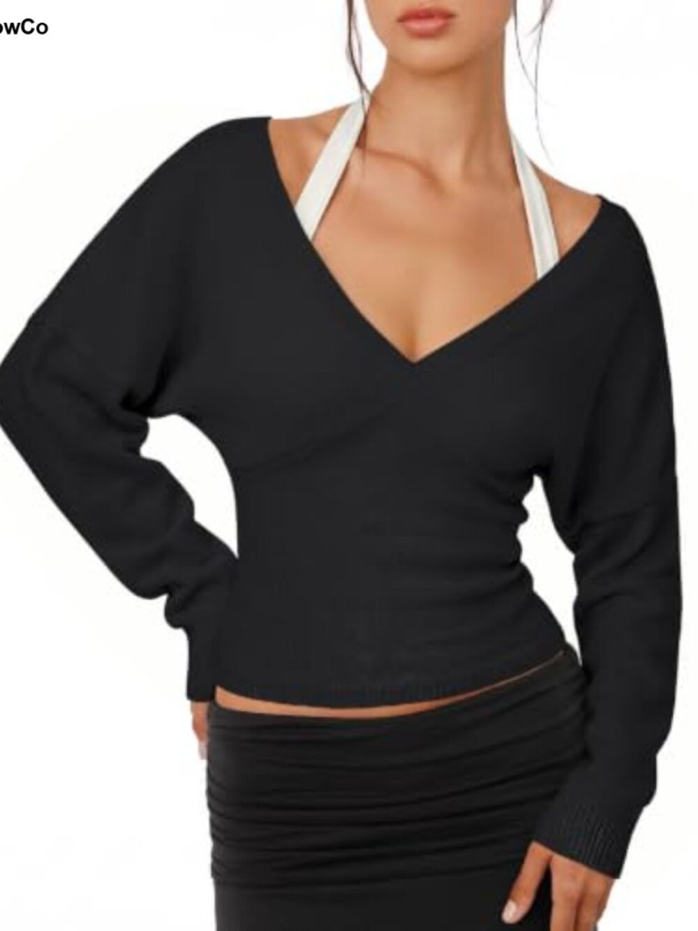 Women's Deep V Neck Wrap Pullover Sweater Crop Top Batwing Long Sleeve